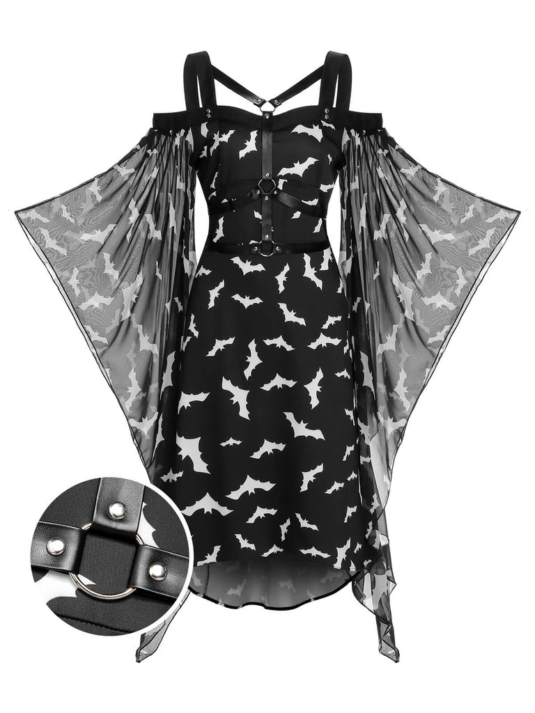 Robe noire à bretelles spaghetti Halloween chauve souris des années 1950