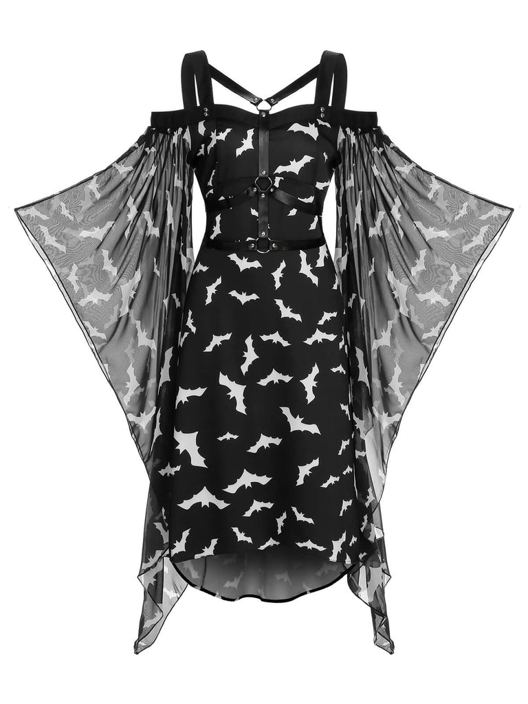 Robe noire à bretelles spaghetti Halloween chauve souris des années 1950