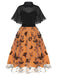 Robe cape en filet papillons noire et orange 1950s