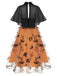 Robe cape en filet papillons noire et orange 1950s