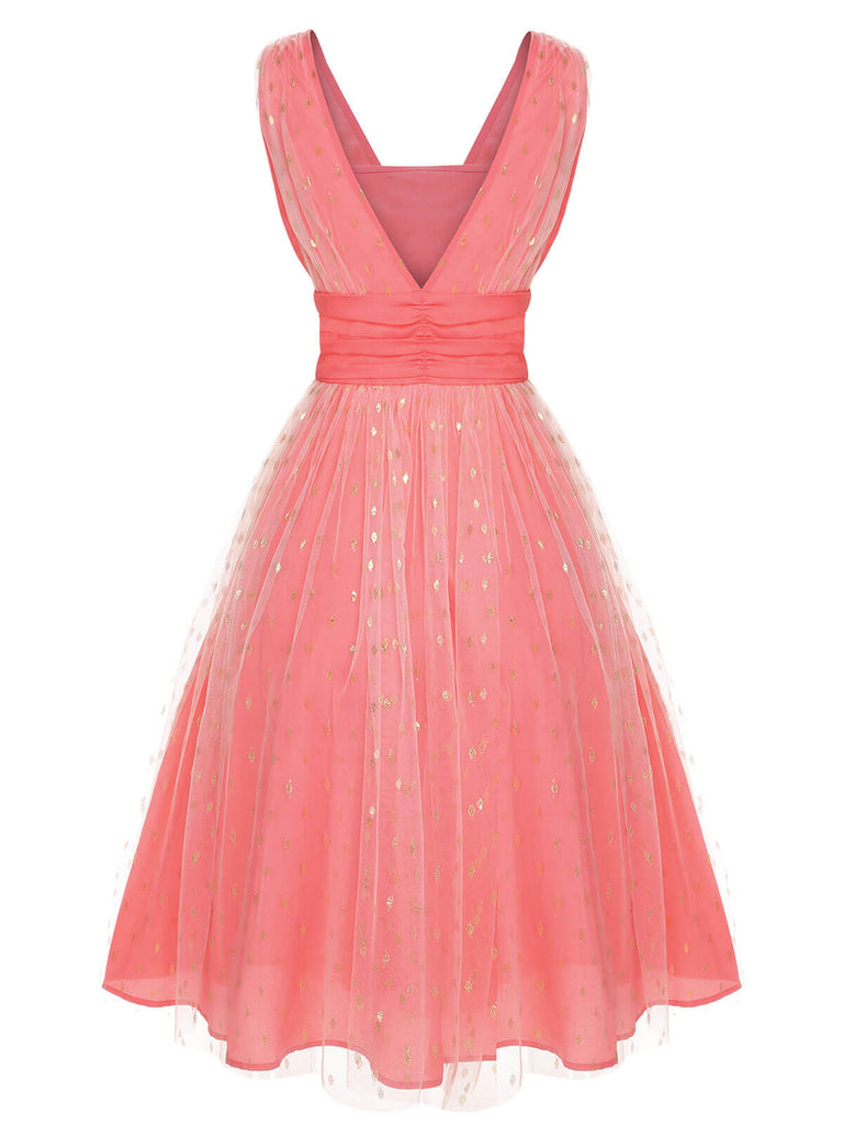 Robe pailletée à col en V rose corail des années 1950 4