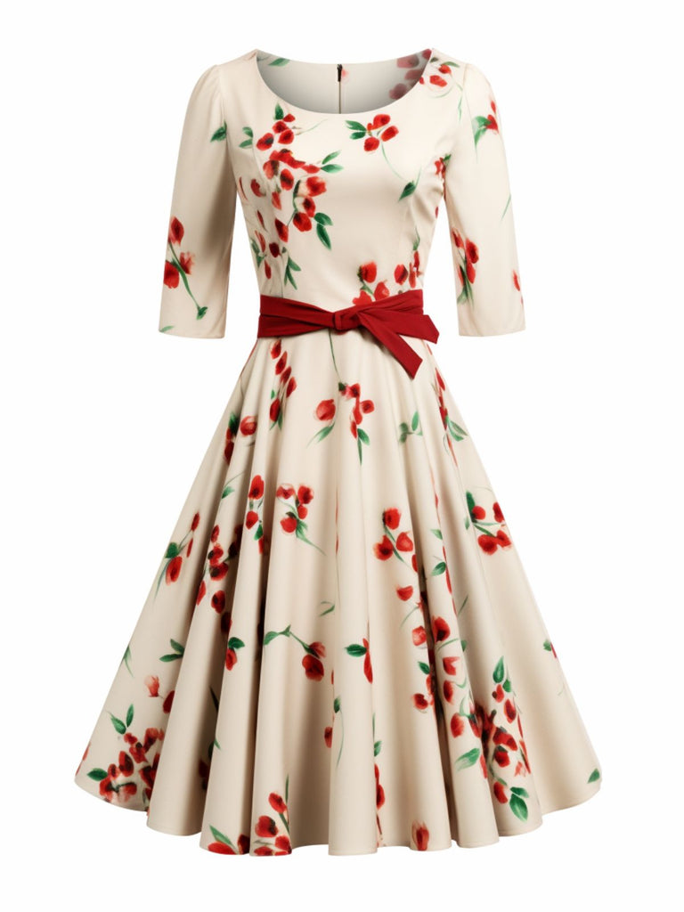 Robe ceinturée à fleurs beige à demi-manches des années 1950