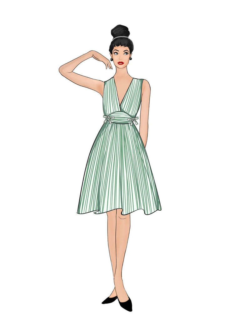 Robe rayée vert menthe à col en V des années 1950