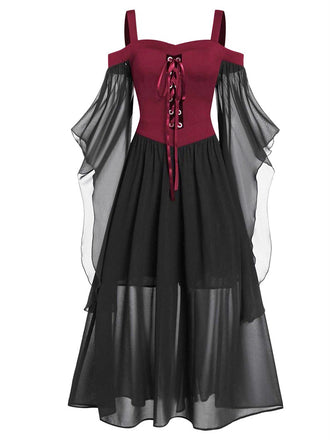 Robe à bretelles rouge manches transparentes Halloween des années 1950