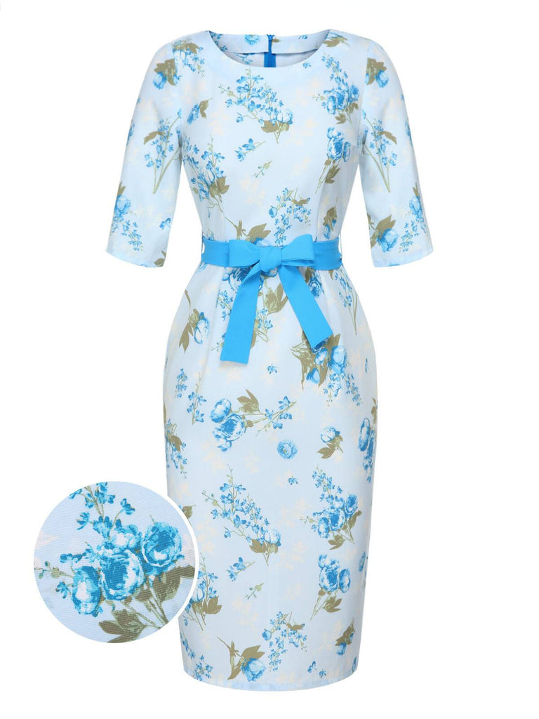 Robe crayon à ceinture florale bleu ciel des années 1960