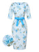 Robe crayon à ceinture florale bleu ciel des années 1960