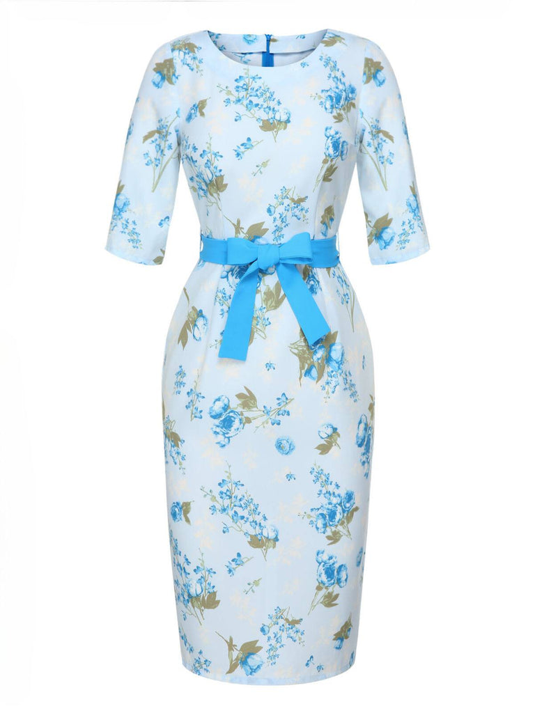 Robe crayon à ceinture florale bleu ciel des années 1960