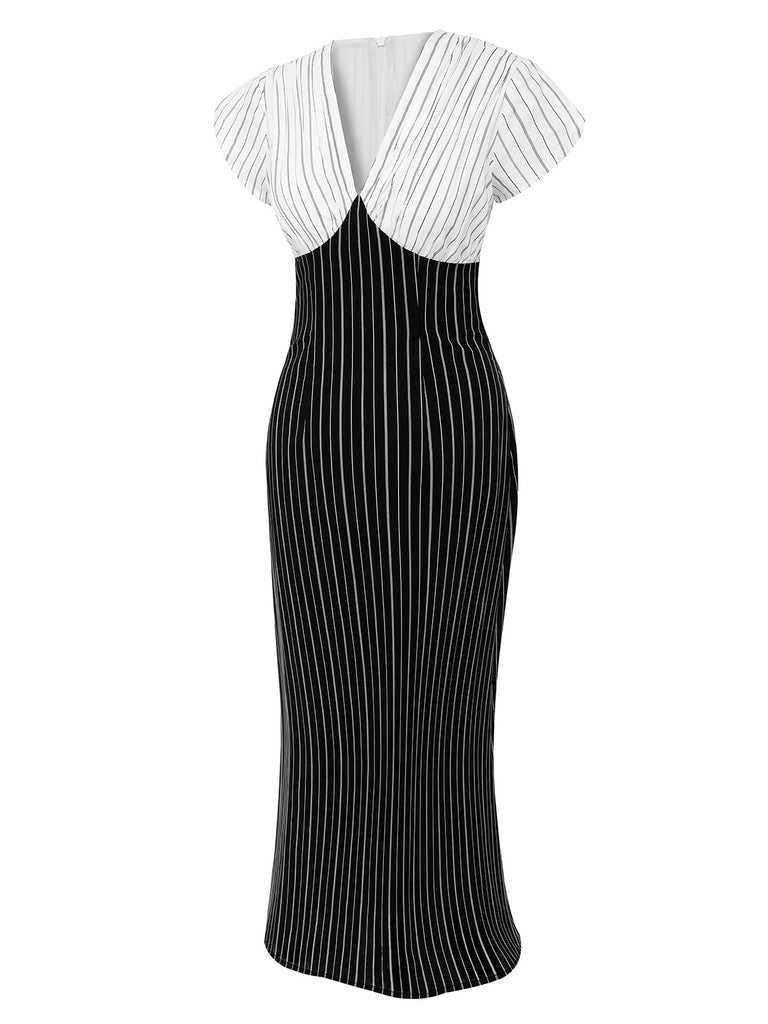 Robe patchwork rayée noire et blanche à col en V profond des années 30