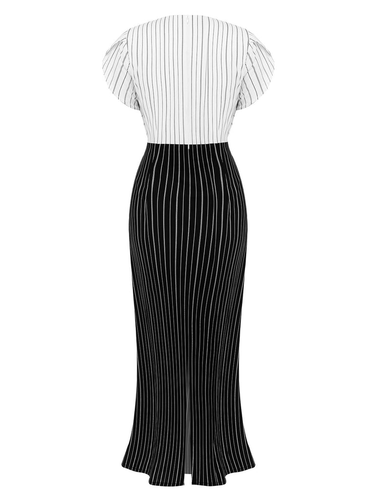 Robe patchwork rayée noire et blanche à col en V profond des années 30