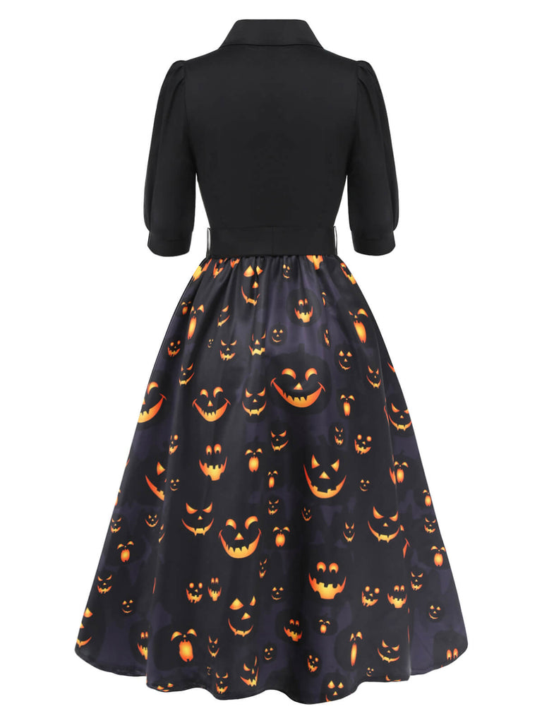 Robe noire ceinturée citrouille à revers d'Halloween des années 1940