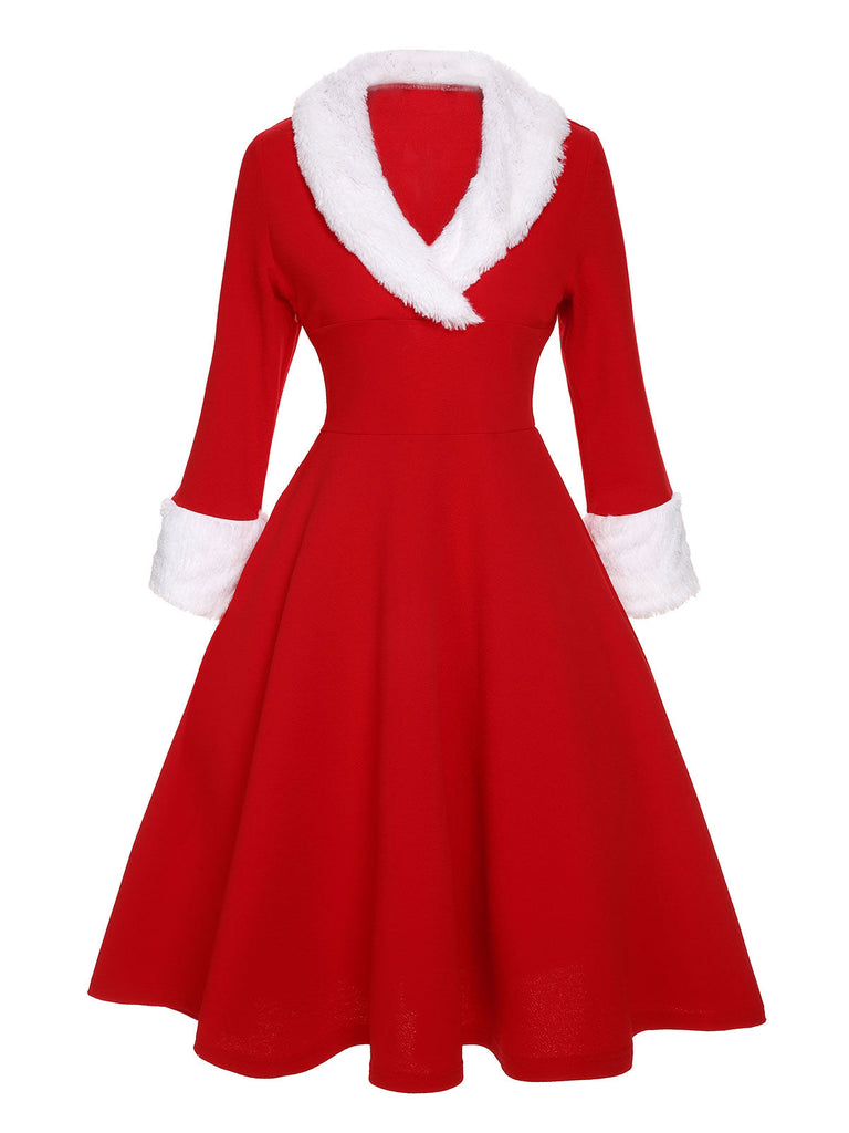 Robe à revers de Noël noir et blanche en peluche des années 1950