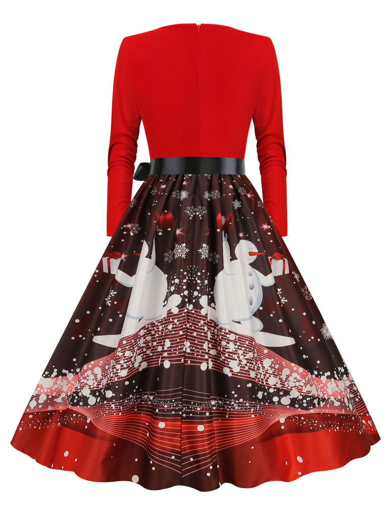 Robe trapèze patchwork col en V des années 1950 avec ruban