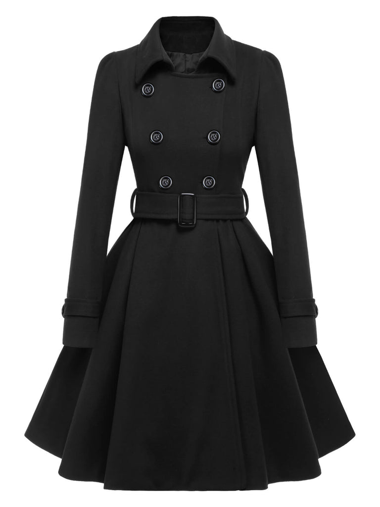 Manteau noir slim à revers couleur unie des années 1950