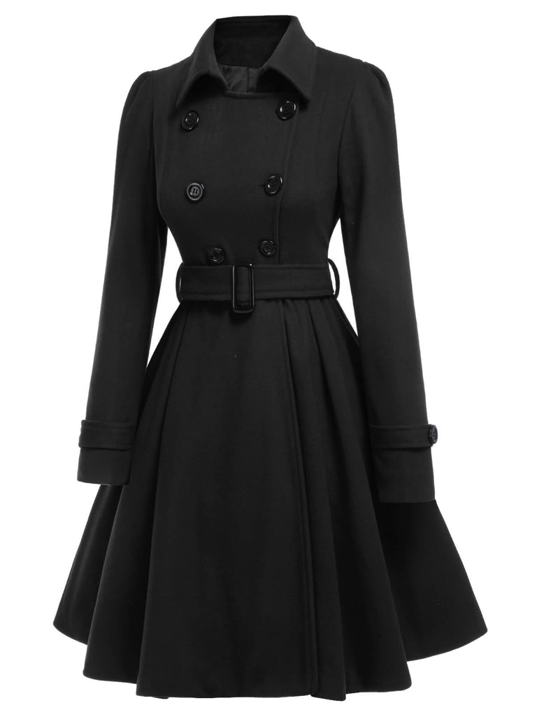 Manteau noir slim à revers couleur unie des années 1950