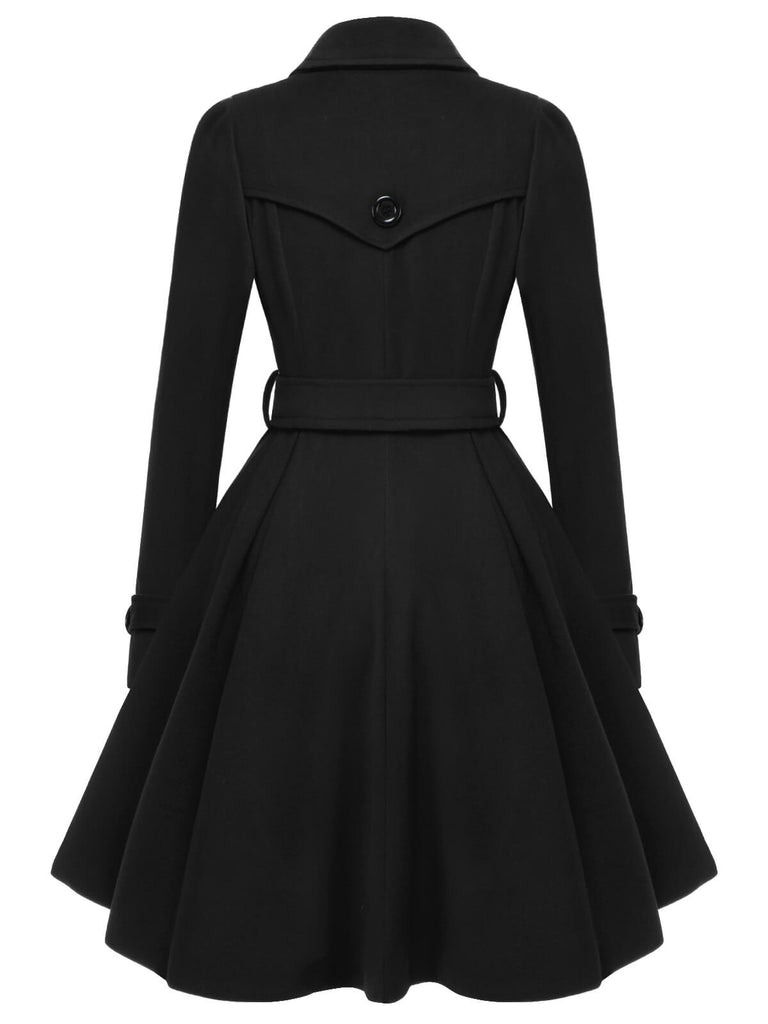 Manteau noir slim à revers couleur unie des années 1950