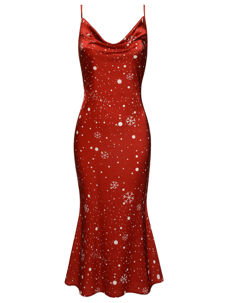 Robe sirène rouge flocon de neige à bretelles de Noël des années 1930