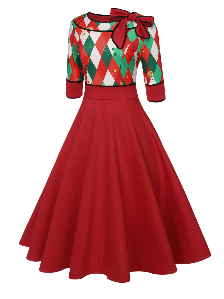 Robe rouge à carreaux de Noël des années 1950 avec nœud décoratif