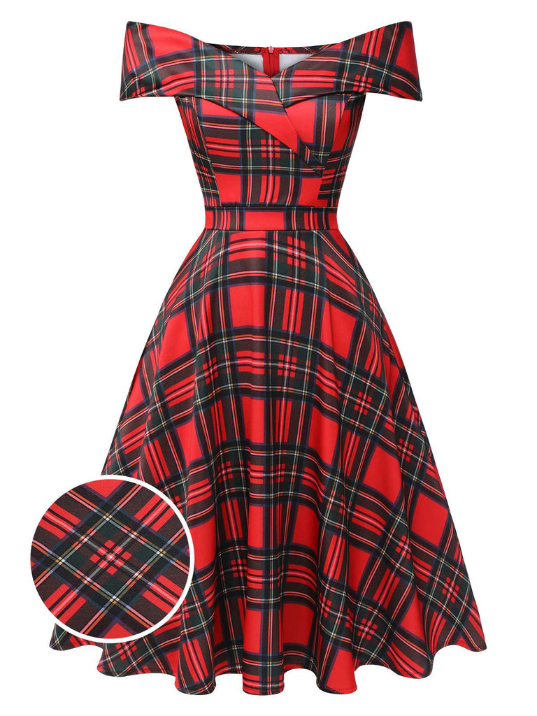 Robe rouge à épaules dénudées à carreaux de Noël des années 1950