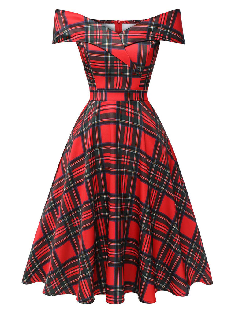 Robe rouge à épaules dénudées à carreaux de Noël des années 1950