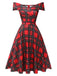 Robe rouge à épaules dénudées à carreaux de Noël des années 1950