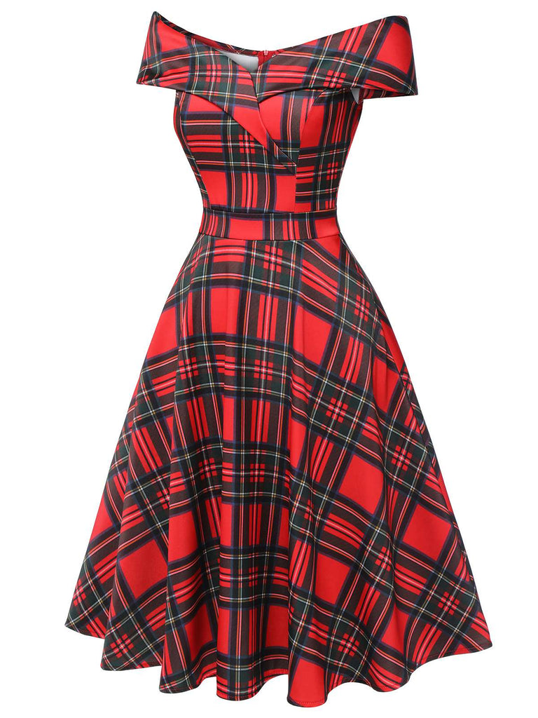 Robe rouge à épaules dénudées à carreaux de Noël des années 1950