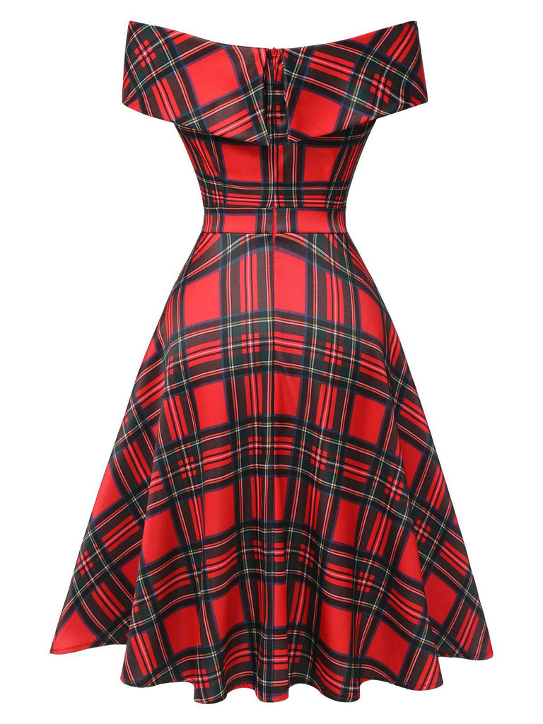 Robe rouge à épaules dénudées à carreaux de Noël des années 1950