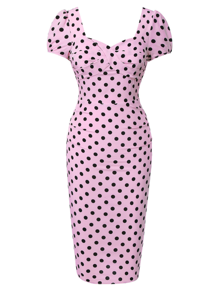 [Prévente] Robe bouffante rose à pois à col carré des années 1960