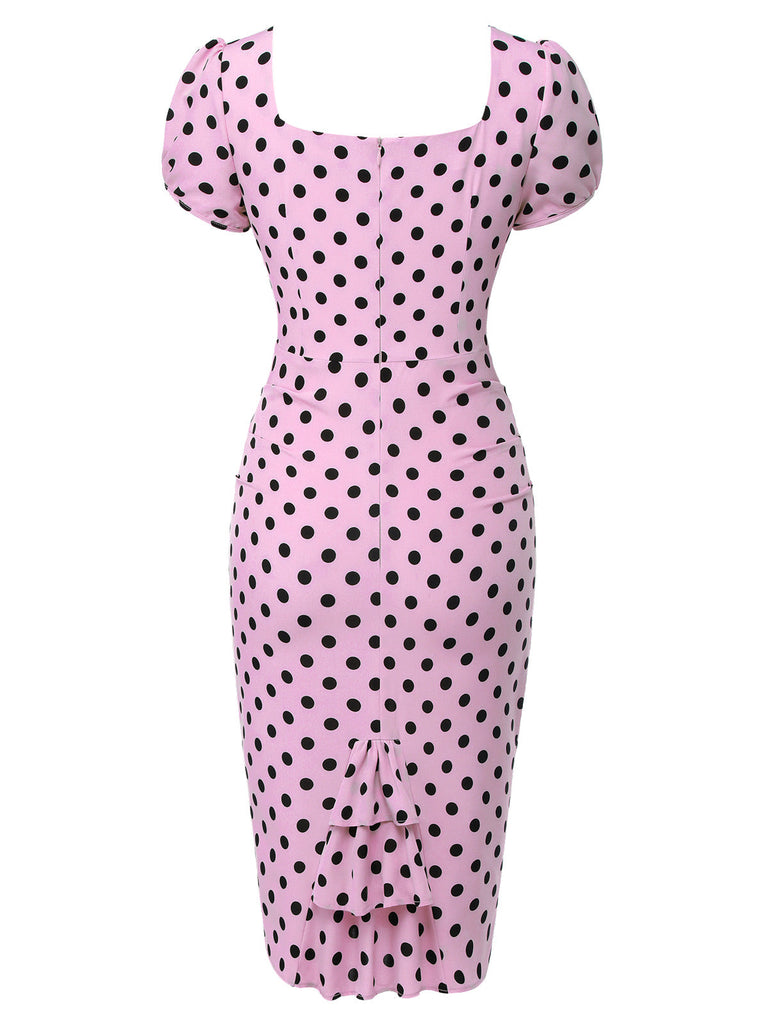 [Prévente] Robe bouffante rose à pois à col carré des années 1960