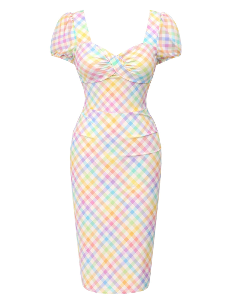 Robe bouffante beige à pois des années 1960 à col carré