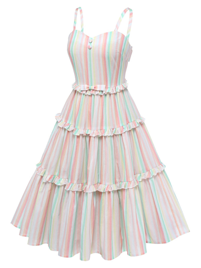 Robe rayée multicolore à bretelles spaghetti des années 1950