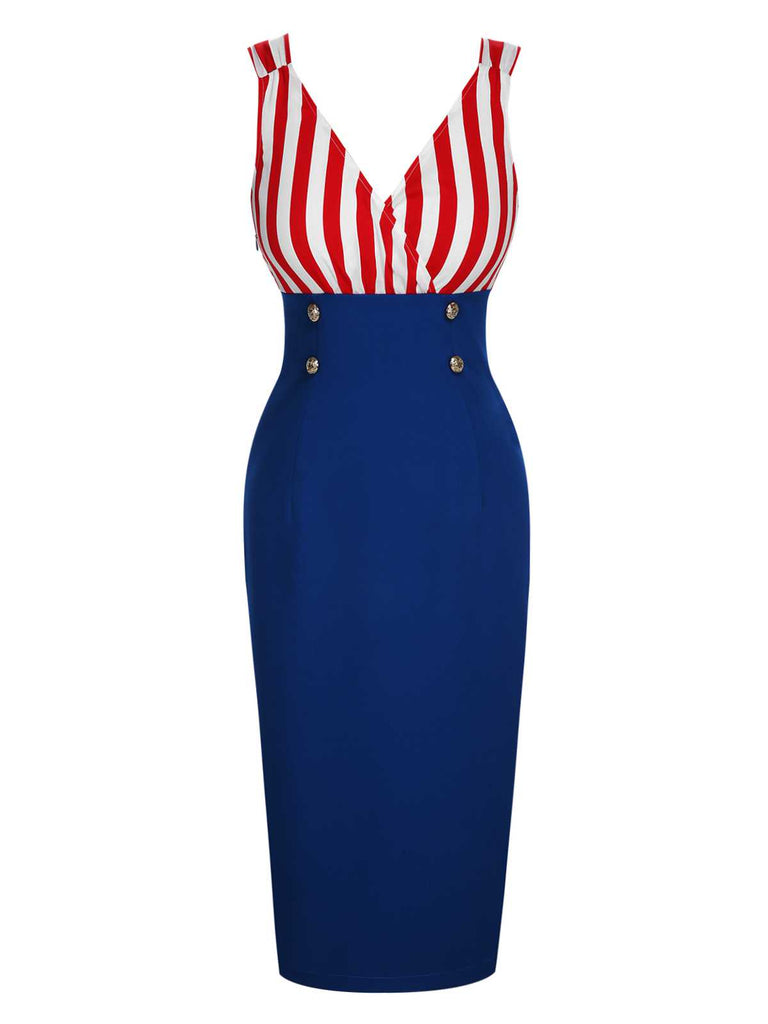 Robe à col en V à rayures contrastées rouge et bleu des années 1960