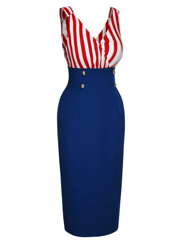 Robe à col en V à rayures contrastées rouge et bleu des années 1960