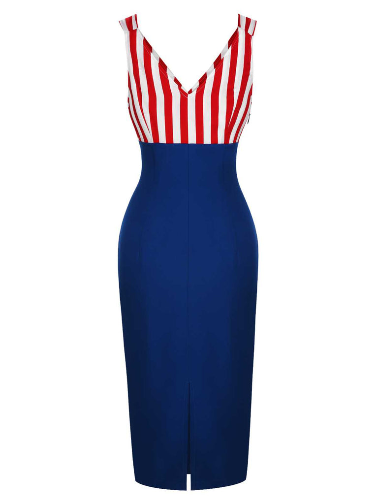 Robe à col en V à rayures contrastées rouge et bleu des années 1960