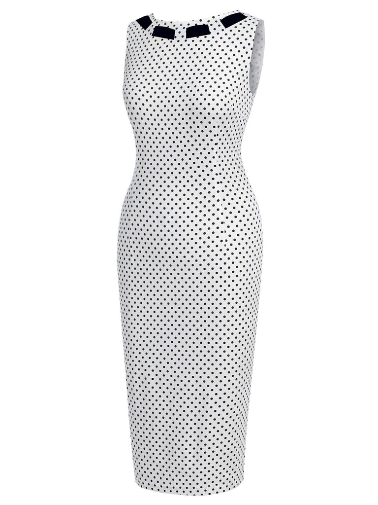 Robe crayon blanche à pois des années 1960