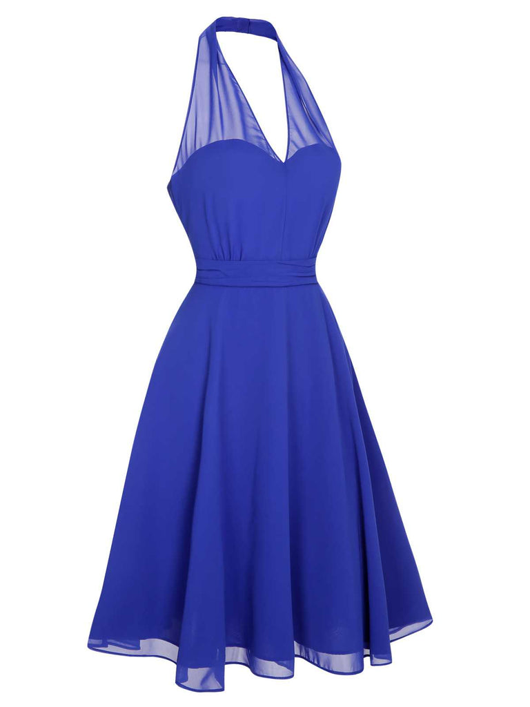 Robe dos nu bleue en mousseline de soie unie des années 1950