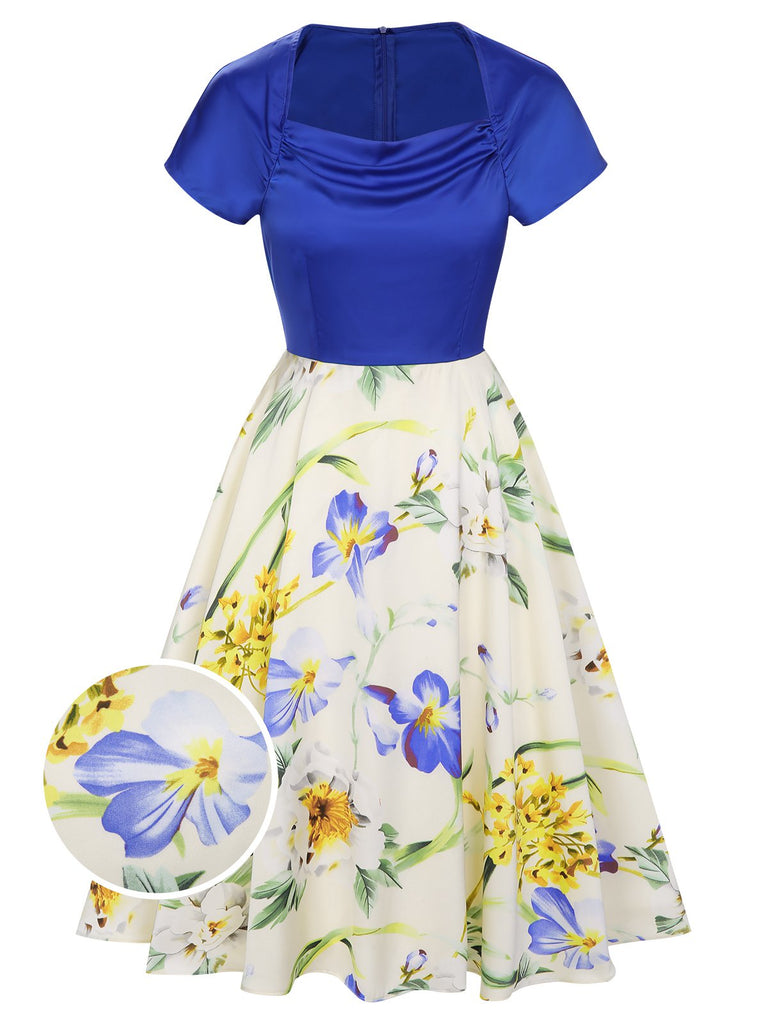 Robe patchwork à col bénitier et fleurs des années 1950