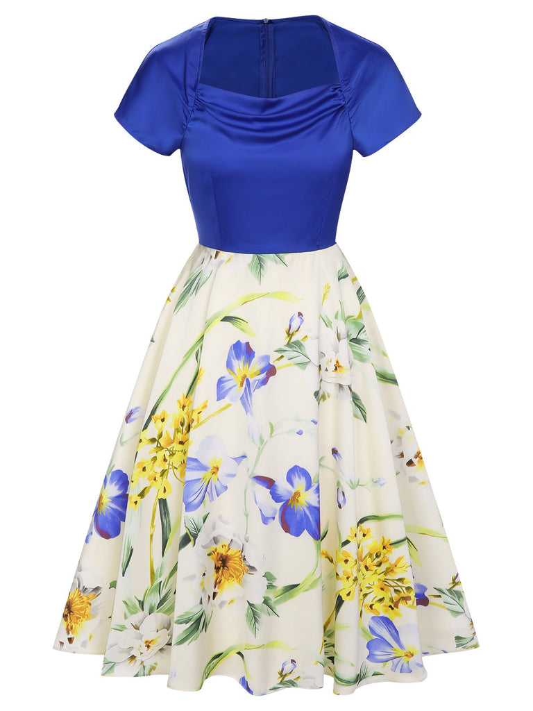 Robe patchwork à col bénitier et fleurs des années 1950