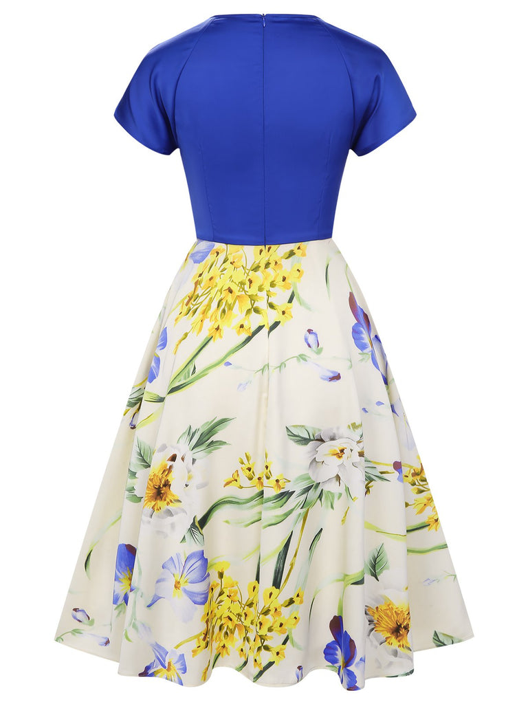 Robe patchwork à col bénitier et fleurs des années 1950