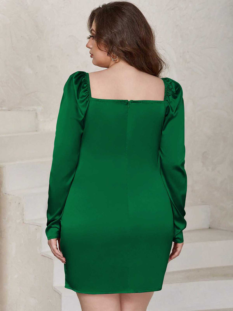 [Grande taille] Robe portefeuille unie à col en cœur verte des années 1960