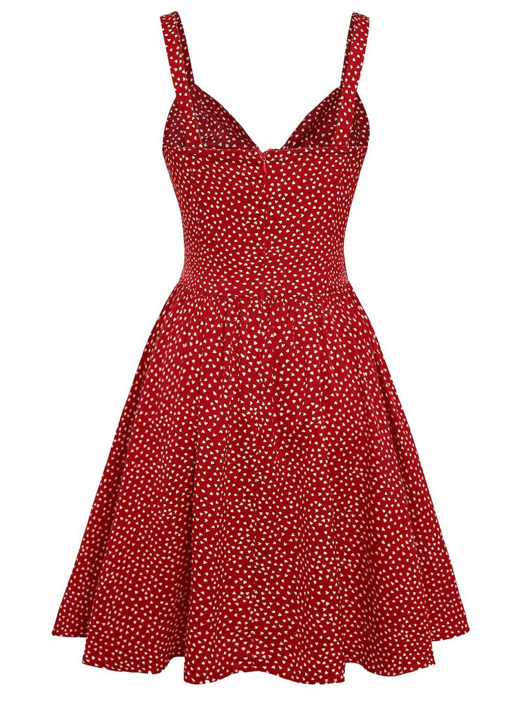 Robe rouge à imprimé coeur et bretelles spaghetti des années 1950