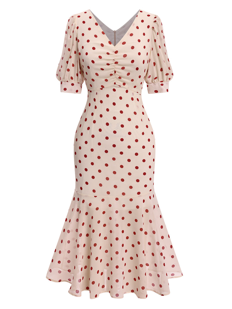 Robe sirène beige à pois des années 1930