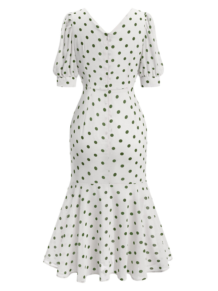 [Prévente] Robe sirène vert en mousseline à pois des années 1930