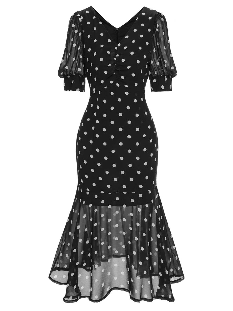 [Prévente] Robe sirène vert en mousseline à pois des années 1930