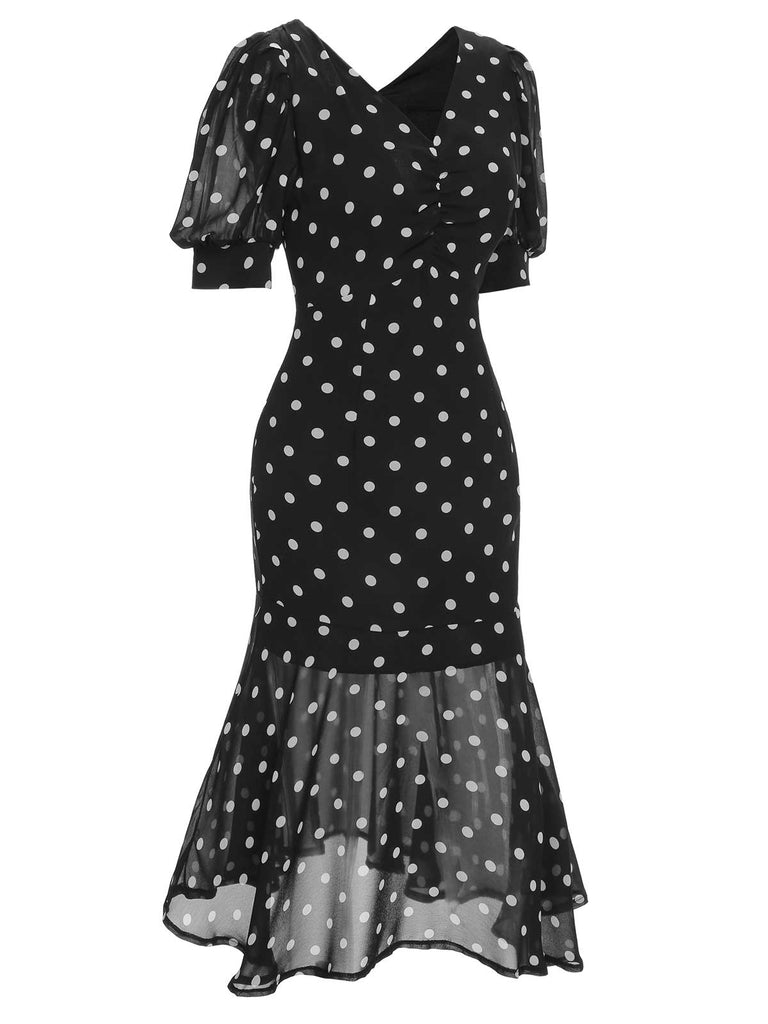 [Prévente] Robe sirène vert en mousseline à pois des années 1930