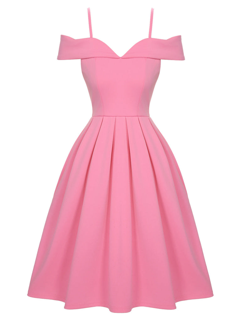 Robe rose à bretelles froides solides des années 1950