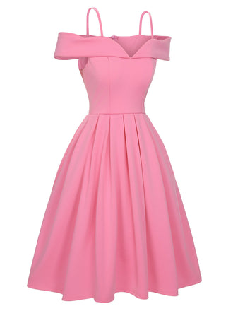 Robe rose à bretelles froides solides des années 1950