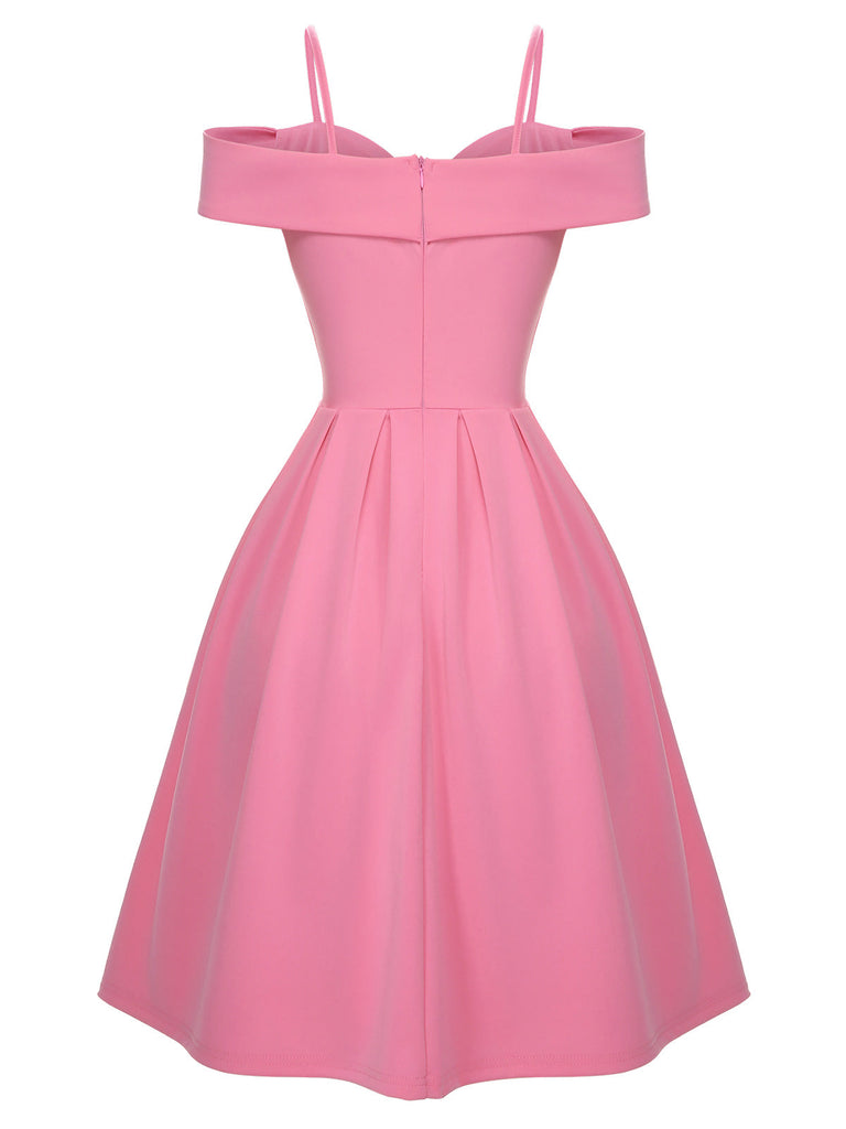 Robe rose à bretelles froides solides des années 1950