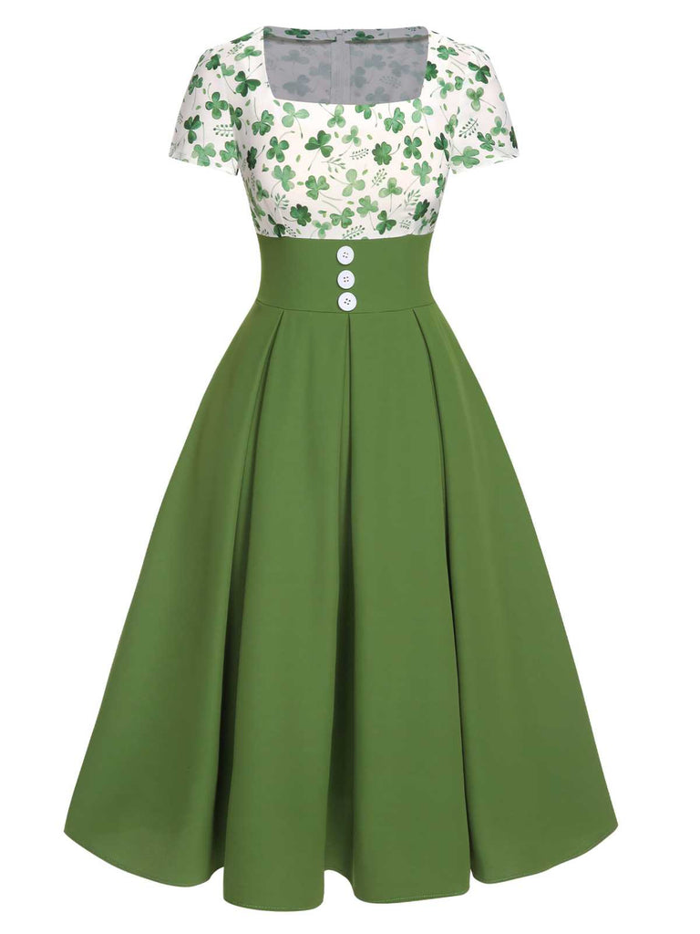 Robe boutonnée verte trèfle chanceux des années 1950