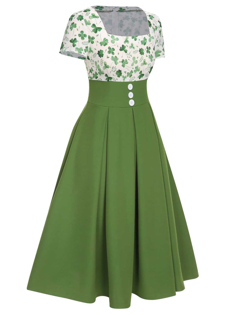 Robe boutonnée verte trèfle chanceux des années 1950