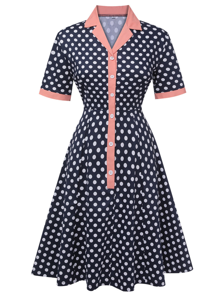 Robe à revers contrastée à pois bleu foncé des années 1950